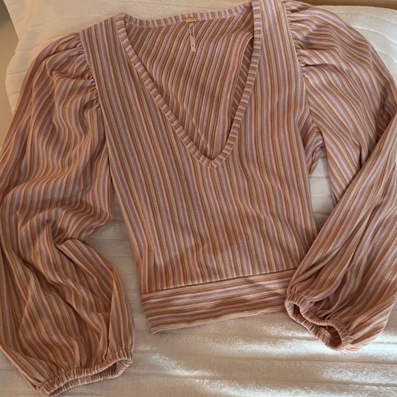 Free People Tops - Free People Autumn Nights Striped Puff Sleeve Tie-Back Top - Orchid Rain